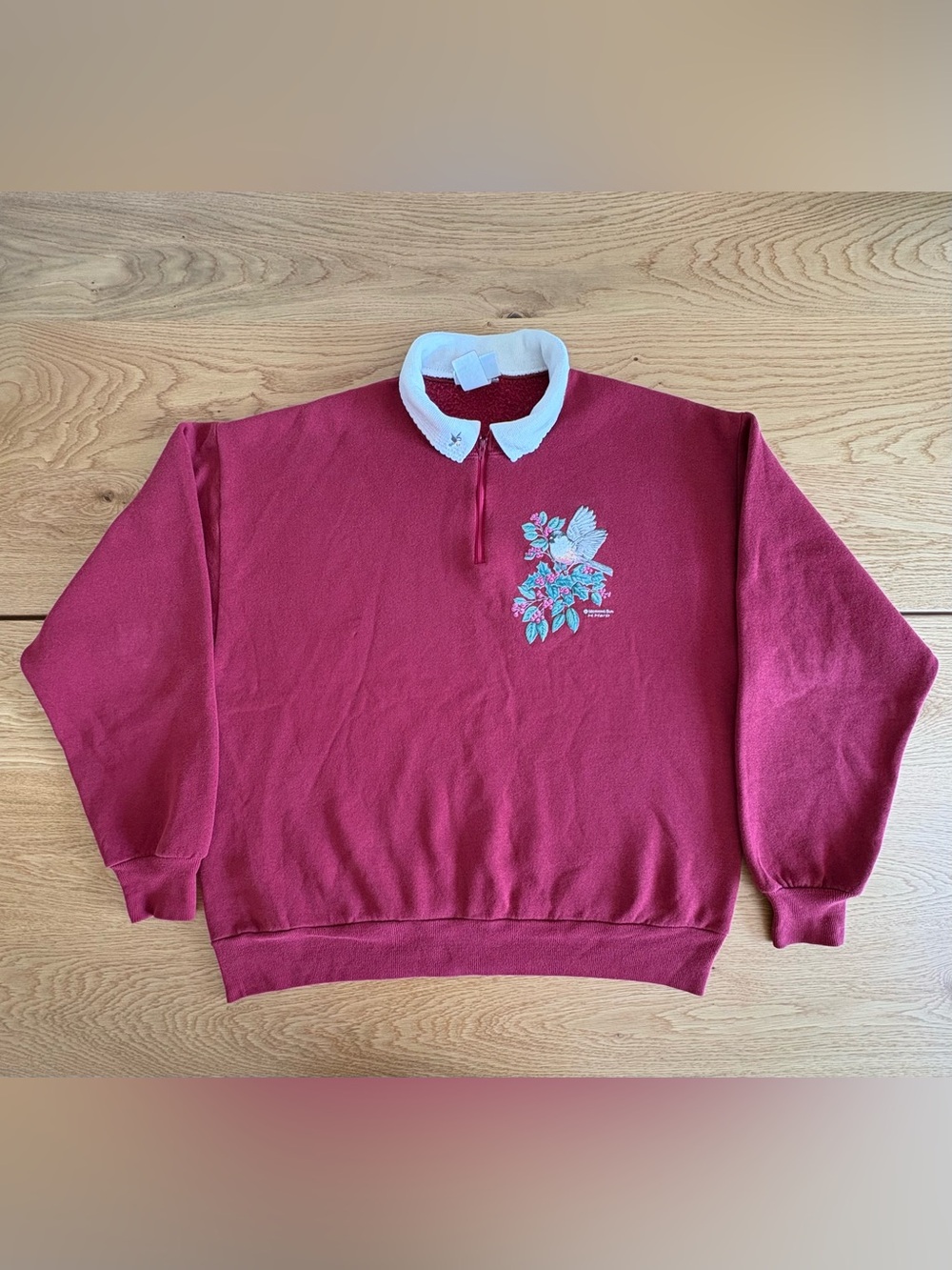 Vintage Morning Sun Bird Berry Half Zip Sweatshirt Red Womens M-L USA